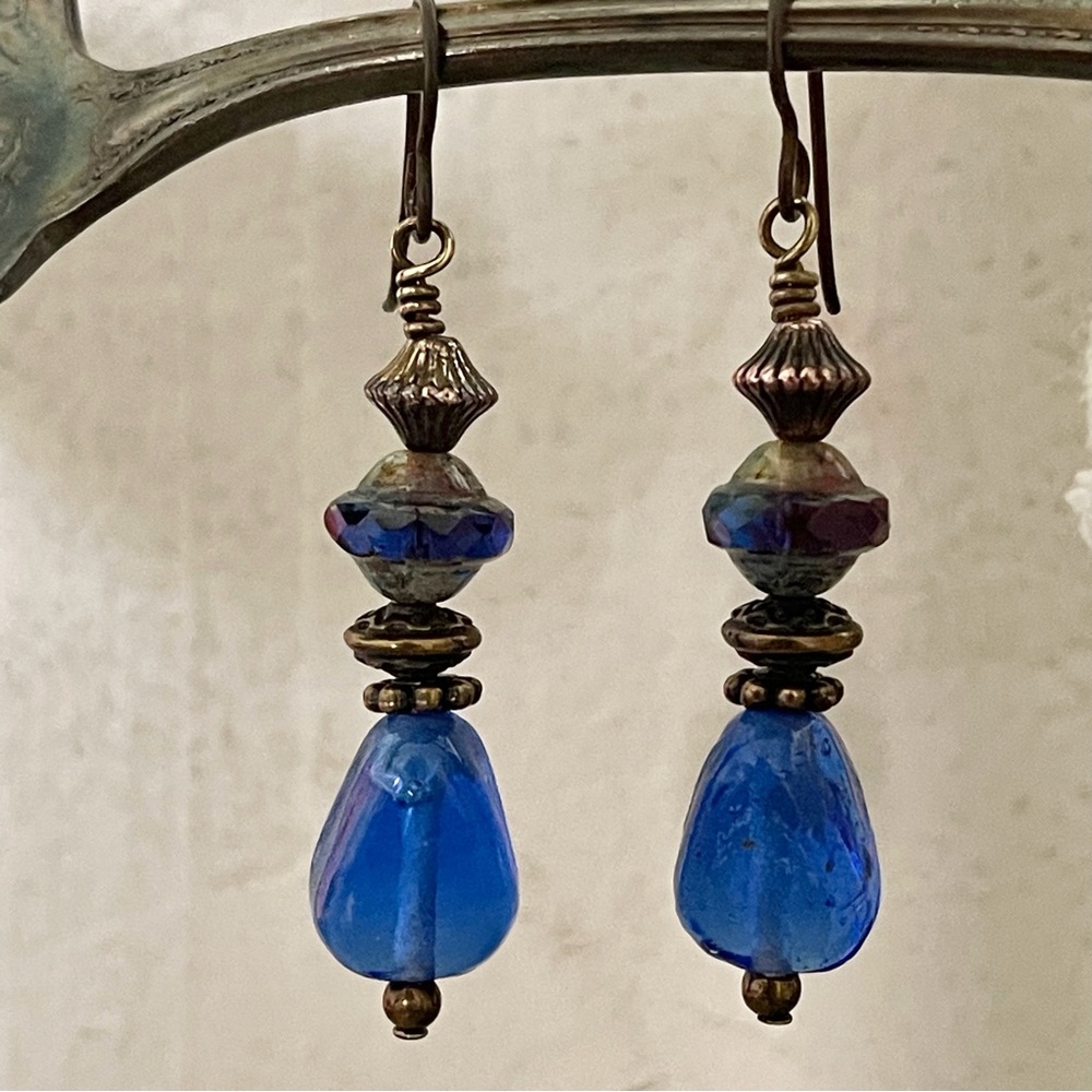 Artisan Earrings - “Brassy Cobalt Blues”Dangles - Picture 4 of 9